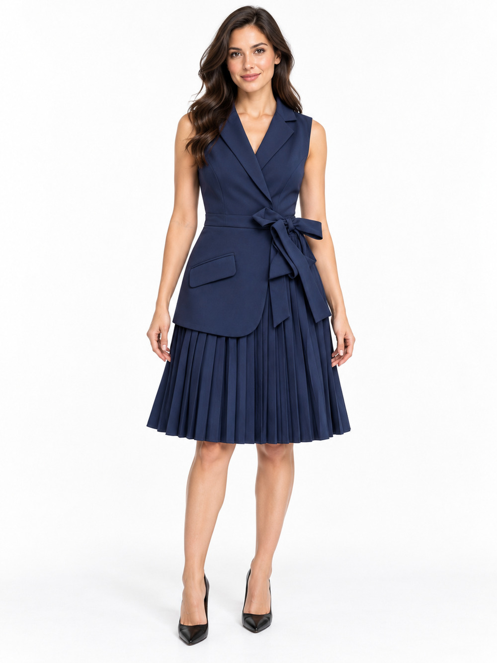 Commense Asymmetric Pleated Vest Midi Dress Navy Blue Size Medium New With Tags